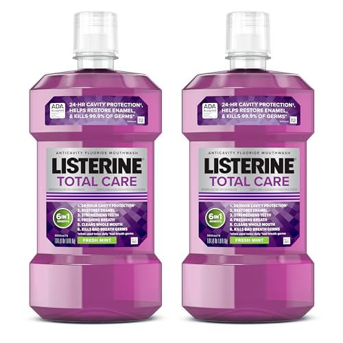 listerine total care anticavity fluoride mouthwash 6-in-1 rinse helps kill 99 of bad breath germs prevents cavities strengthens teeth bad breath treatment for adults fresh mint twin pack 2x1 l