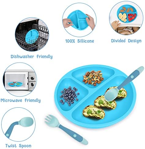 Vicloon Baby Suction Plate, 3Pcs Silicone Baby Suction Plates, Non Slip Silicone Baby Weaning Plate, Divided Dishes for Toddler Kids Self Feeding, Fits for Most Highchairs Trays
