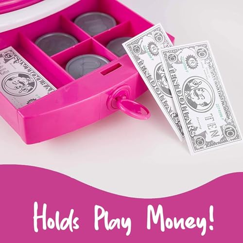 Image of Cable World Grocery Store Pretend Play Electronic Toy Cash Register Set - STEM Cash Register for Kids with Microphone, Play Money, and Food Basket - Kids Checkout Toys with Scanner- Pink