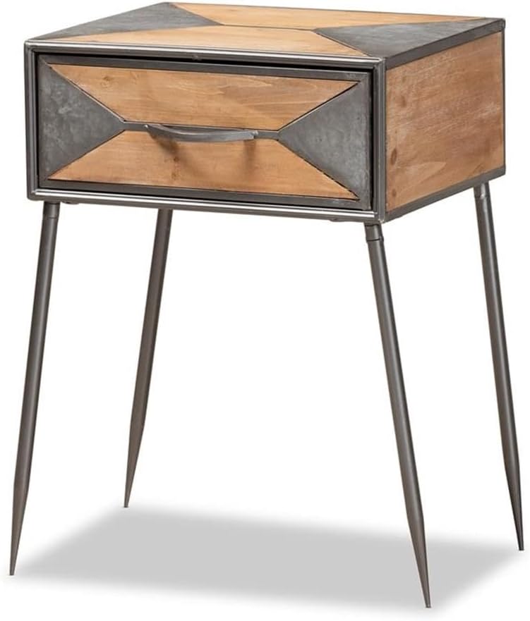 Baxton Studio Laurel Grey Metal and Whitewashed Brown Wood 1-Drawer End Table