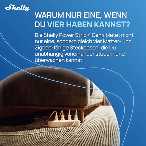 Shelly Power Strip 4 Gen4 Weiß - Matter & WLAN Mehrfachsteckdose, 4 Fach Smarte Steckdosenleiste, Leistungsmessung, 16A Total, 3500W, Zeitschaltuhr, Zigbee, Google, Alexa, Apple, Kein Hub Erforderlich