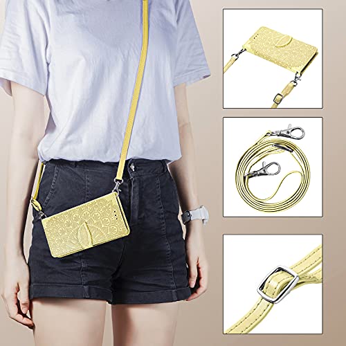 Onv Wallet Case For Samsung Galaxy S6 Edge -1.5M Adjustable Strap Emboss Feather Flip Phone Case Card Slot Magnet Leather Shell Flip Stand Cover For Samsung Galaxy S6 Edge [Mzy] -Yellow #TOP2