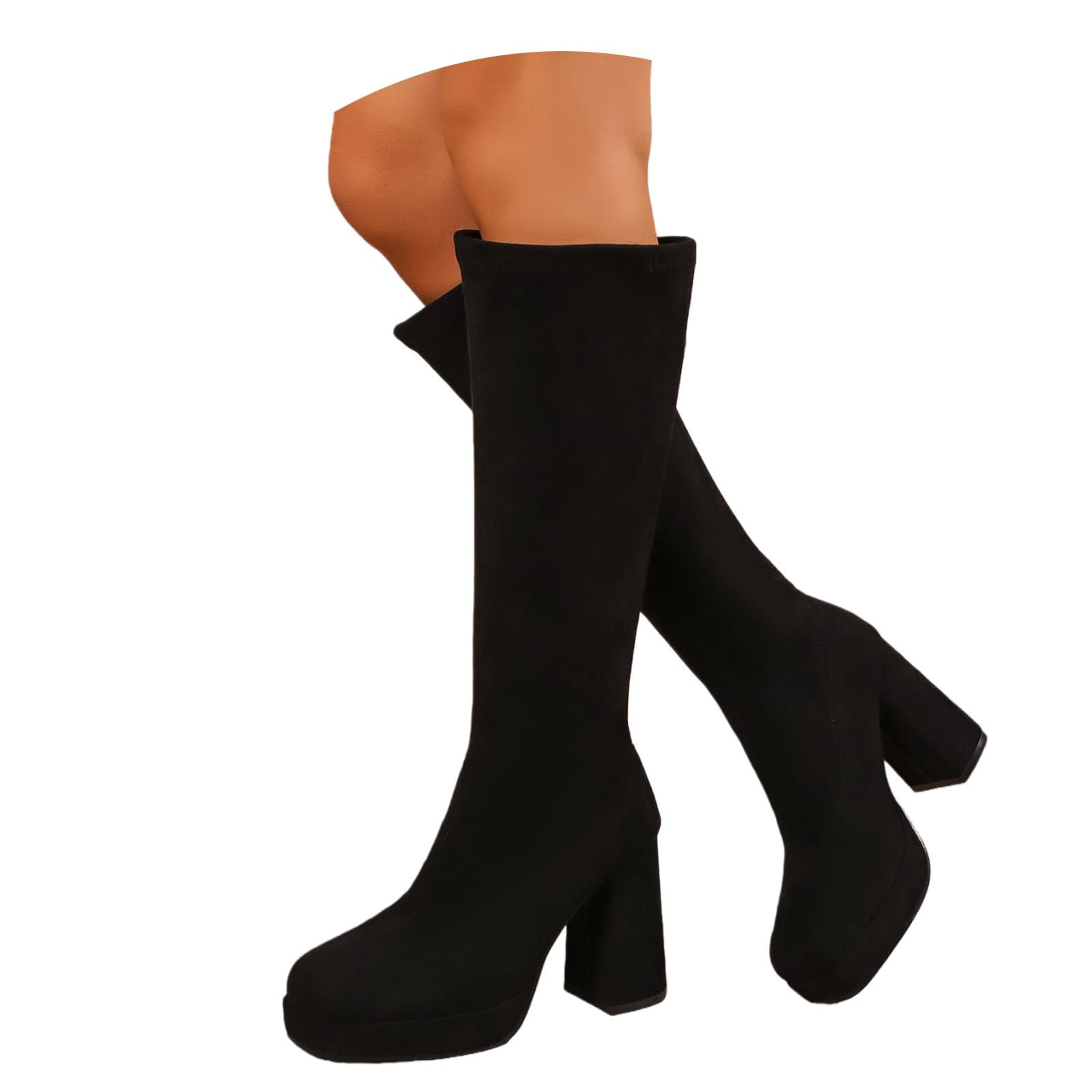 Damen Kniehohe Stiefel Mit Blockabsatz Square Toe Langschaft Boots Vintage Wildleder Reitstiefel Winter Große Größe Schlupfschuhe Plateau High Heels Für Büro, Party
