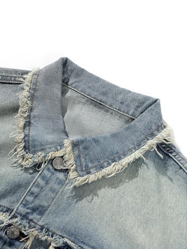 Image of Men's Denim Jacket Patchwork Fringe Jacket Slim Jean Jacket Streetwear Coat