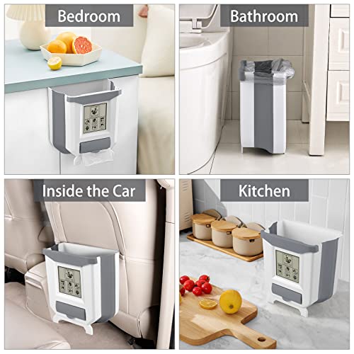 Hi Ninger Hanging Kitchen Trash Can, Foldable Waste Bin For Kitchen, Collapsible Hang Small Plastic Garbage Can 2.4 Gallon For Cabinet/Car/Bedroom/Bathroom-Grey #TOP1
