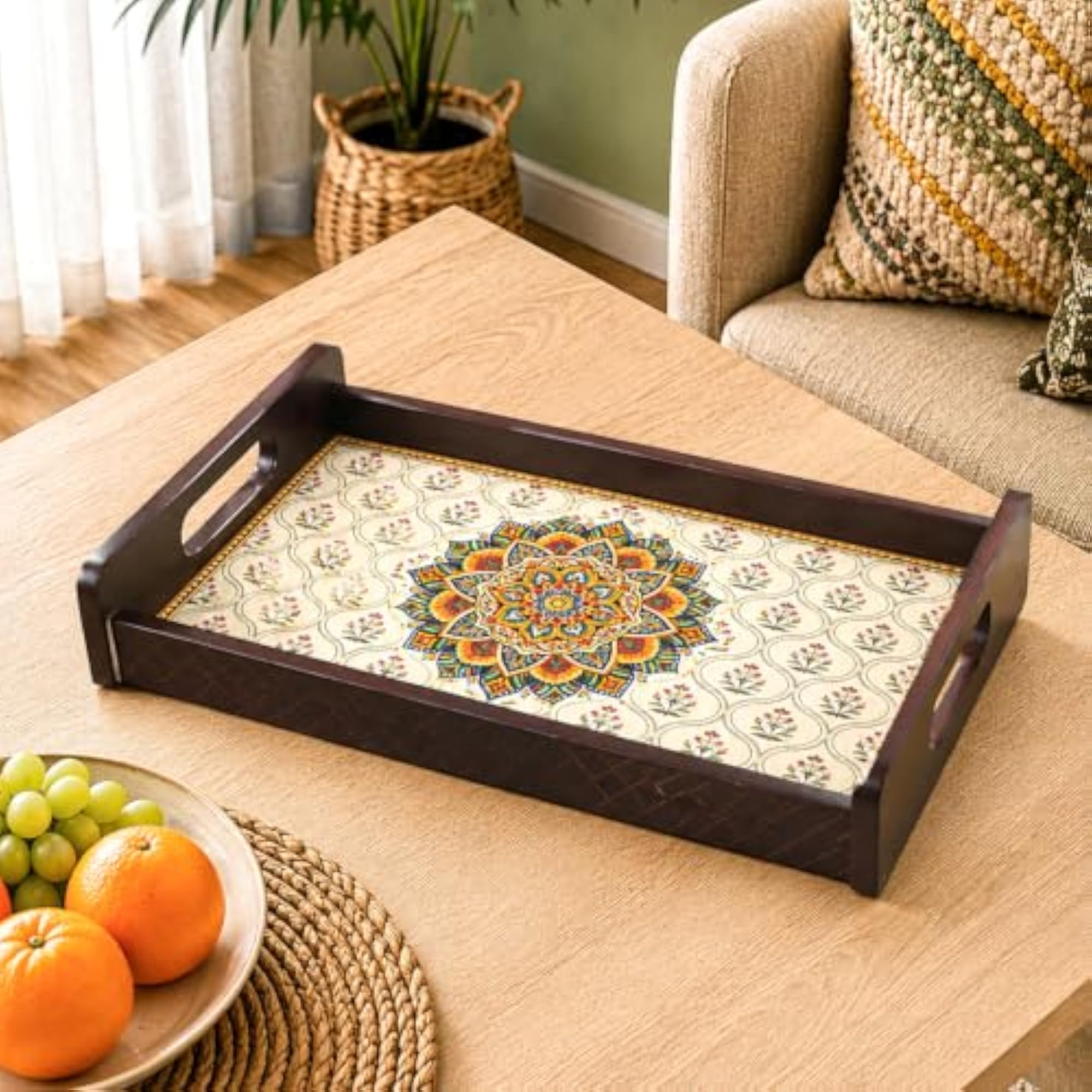 Large Mandala Floral MDF Serving Tray, Brown Multicolour