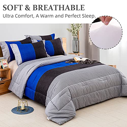 Blue Stripe Comforter Set Full Reversible Grey Blue Patchwork Bedding Comforter Set For Full Bed, 3 Pieces (1 Comforter+2 Pillowcase), Soft Microfiber Filling Duvet Set 78”×90” #TOP1