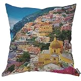 AOYEGO Funda de almohada de la ciudad de Amalfi de Italia con diseño de paisaje marítimo, casa de montaña, océano, playa, barco, árboles soleados, decoración de 45,7 x 45,7 cm