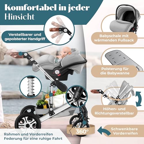 Miniatura 6 de Kesser Loops 3 In 1 Stroller Combo Juego Completo De Sillas De Paseo Incl. Asiento Deportivo Para Bañera Y Silla De Paseo, Neumáticos De Caucho Macizo, Bolso Cambiador
