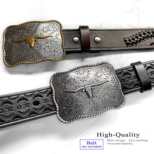 Longhorn Steer Head Western Belt Buckle With Sterling Silver Finish (Square Buckle With Silver Longhorn) #TOP4