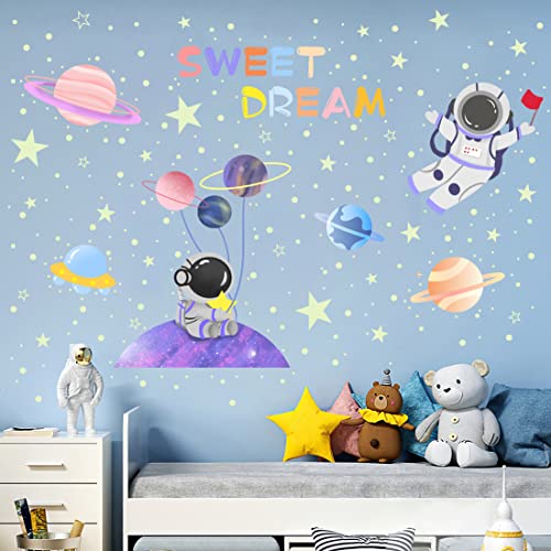 Watercolor Stars Wall Decals Glow In The Dark, Moon Astronaut Wall Stickers For Bedroom, Baby Nursery Planets Decoration For Ceiling #TOP2