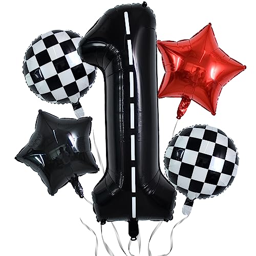 Image of TONIFUL 40 Inch Race Car 1st Birthday Balloons Racetrack Number 1 Black White Checkered Star Boys Car Themed Birthday Party Decor