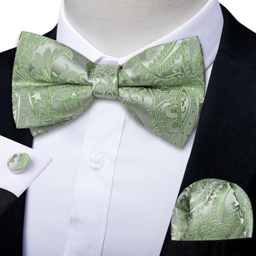 Image of DiBanGu Paisley Pre-Tied Bow Ties for Men Silk Adjustable Bowtie and Pocket Square Cufflinks for Wedding Party