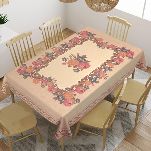 Image of Cloth Fusion Velvet Floral Dining Table Cloth 6 Seater, Dining Table Cover with Elegant Floral Pattern for Dining Room (60x90 Inch, Peach)