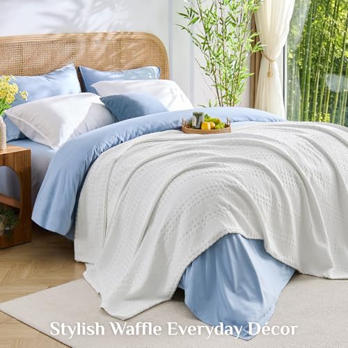 Image of BEDELITE Cooling Waffle Blanket Queen Size - Lightweight Breathable Cotton Summer Blanket of Rayon Derived from Bamboo for Hot Sleepers, Soft Throws for Bed, Couch and Sofa, White, 90x90 Inches