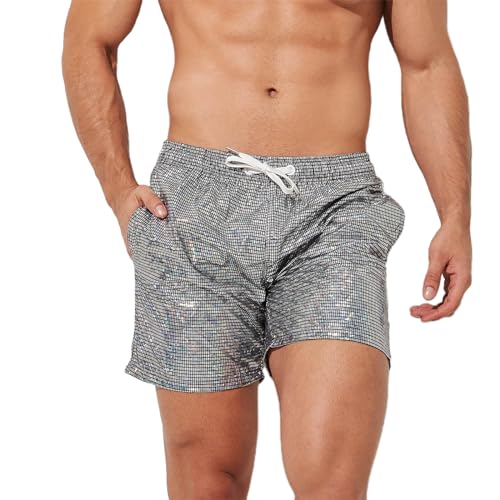 Evankin Mens Sexy Glitter Shorts Shiny Metallic Trunks Sparkly Panties with Pockets and Drawstrings for Rave Hot Party