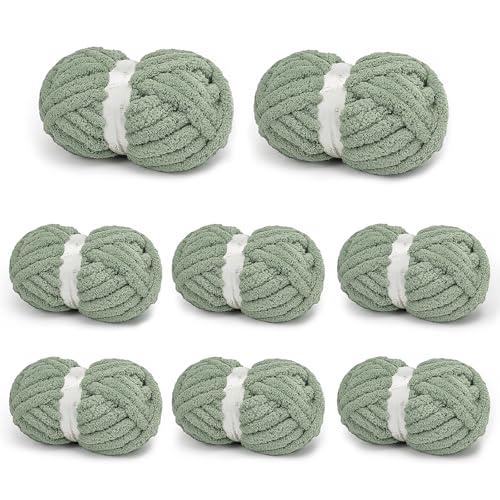 Chunky Yarn for Hand Knitting, Chunky Chenille Blanket Yarn for Crocheting, Bulky Soft Fluffy Chenille for Blanket Project, 8 Pack of 8oz/25yds, Sage Green