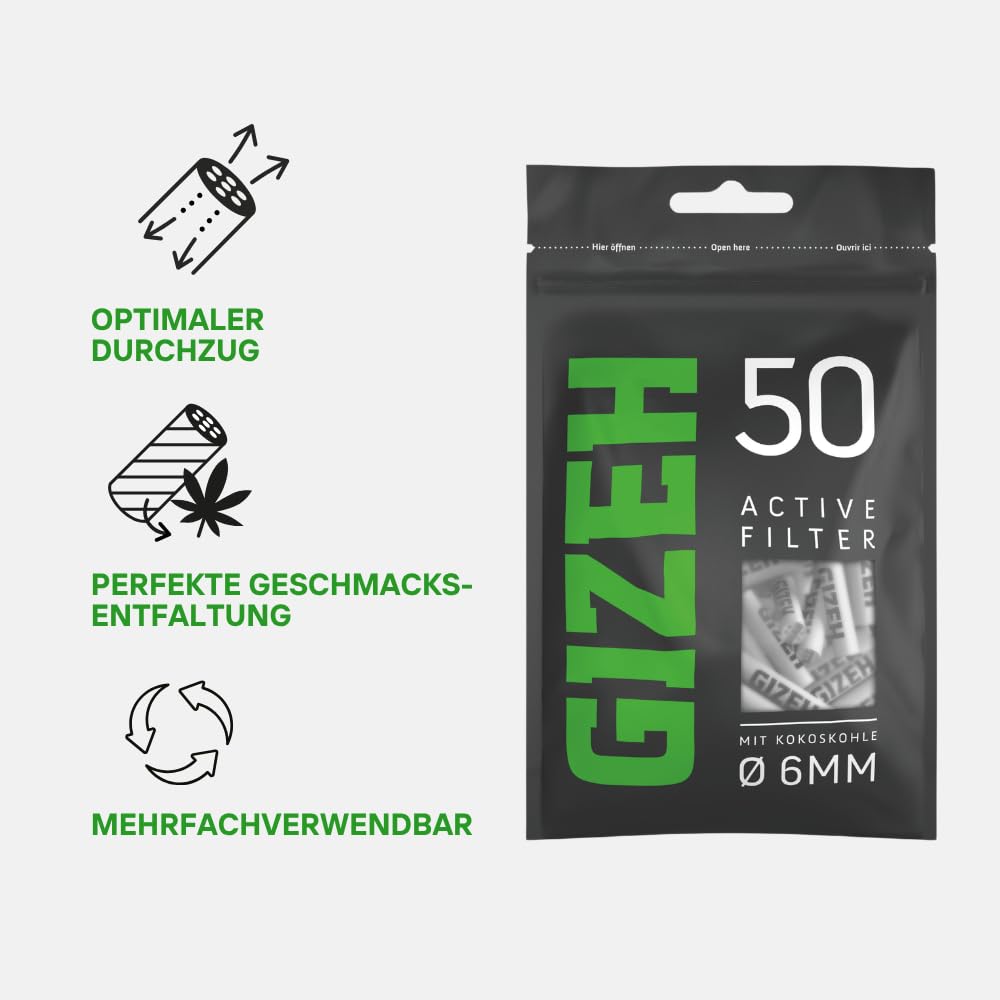 GIZEH BLACK Active Filter – Aktivkohlefilter slim 6 mm Durchmesser – Aktivkohlefilter slim mit Aktivkohle aus Kokosschale – Filter mit 27 mm Länge - 10 Beutel á 50 Filter