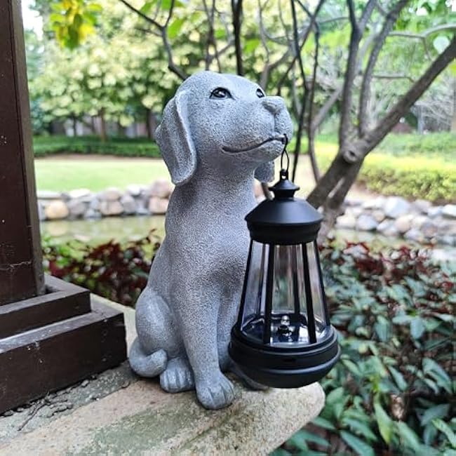 Dog Solar Garden Statues,Resin Dog Figurine Decorations with Solar Lights Lantern, Outdoor Decor Art for Lawn,Yard,Unique Housewarming Gift for Garden Home