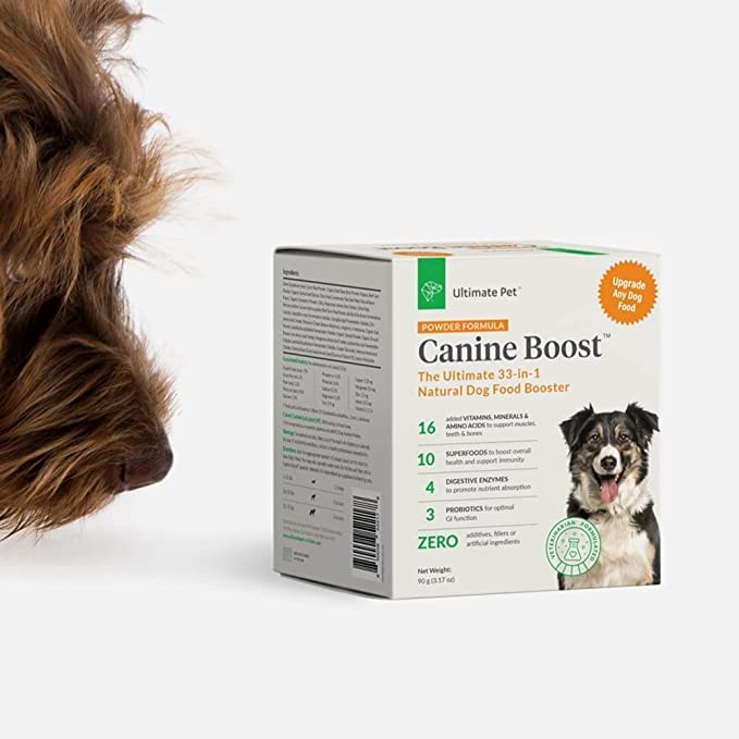 Ultimate Pet Nutrition Canine Boost, 33-in-1 Natural Grain Free Dog Food Booster Topper with Vitamins, Amino Acids, Probiotics, and Digestive Enzymes for Dog Health Ultimate Pet Nutrition Canine Boost, 33-in-1 Natural Grain Free Dog Food Booster Topper with Vitamins, Amino Acids, Probiotics, and Digestive Enzymes for Dog Health