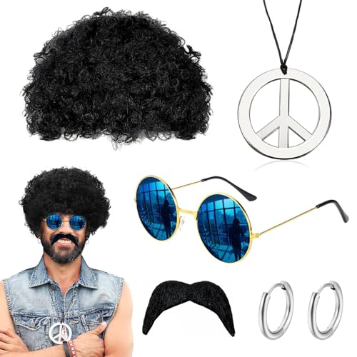 Deguisement Hippie Homme, 5pcs Funny Costume Disco Homme Set Avec Perruque Noire Fausse Moustache Collier en Argent Boucle D'oreille et Lunettes de Soleil Hippie Années 60 Années 70 Tenue de Fête
