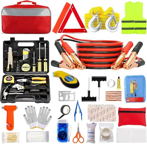 Car Roadside Emergency Kit with Jumper Cables Auto Road Side Safety Kit for Vehicles Auto Truck Vehicle Emergency Bag with Premium Carry Bag for Men Women Teenagers (Black Red)