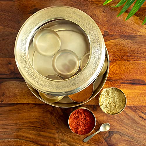 Image of ExclusiveLane 'Floral' Brass Spice Box for Kitchen with Spoon (7 Containers, 100 ml, Hand-Etched) | Brass Masala Box for Kitchen Masala Container Masala Dabba Masala Dani Namak Dani Spice Container