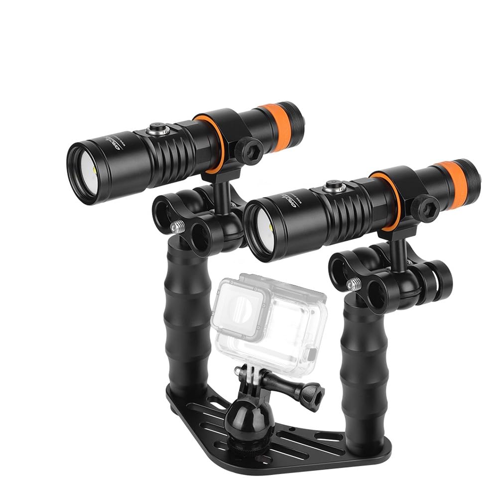 ORCATORCH D710V MK2 Dual Unterwasser-Video-Licht-Set, 4600 Lumen (2 x 2300), dreifarbiges Tauch-Fotografie-Rig mit H02-Kamera-Ablage, Griff und Kugelgelenkklemmen, 120° breiter Lichtstrahl für GoPro