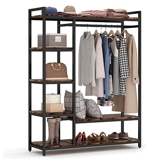 LITTLE TREE Free-Standing Closet Organizer, Heavy Duty Clothes Closet, Portable Garment Rack with 6 Shelves and Hanging Rod, Black Metal Frame&Rustic Board Finish