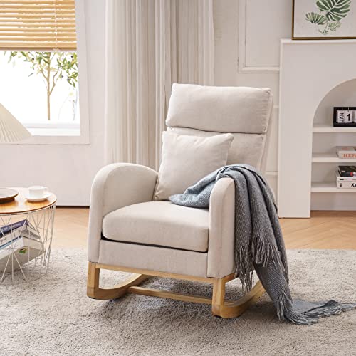 Image of VINGLI Beige Linen Cushioned Rocking Chair Nursery, Padded High Back Modern Century Upholstered Indoor Baby/Infant Rocker, Wooden Boho Cream Accent Comfy Mother Nursing Chair for Living Room/Bedroom