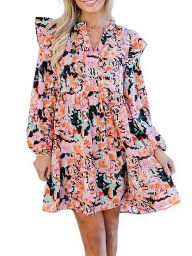 hibshaby Womens Casual Floral Mini Dress 2025 Fall Long Sleeve V Neck Babydoll Loose Boho Shirt Dresses4