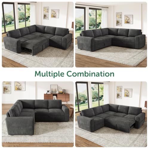 Image of HONBAY Modular Sectional Sleeper Sofa with Pull Out Bed,Corduroy L Shaped Couch with Storage, Sectional Couches for Living Room,Dark Grey