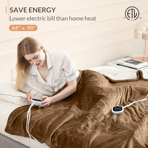 Image of HOMLYNS LuxeHeat Heated Blanket Electric Blanket Queen Size, Soft Flannel Sherpa Heating Blanket with 10 Heat Settings, 1-10 hrs Timer Auto Shut Off (84x90 inches, Coffee), Only for 120V Voltage Use