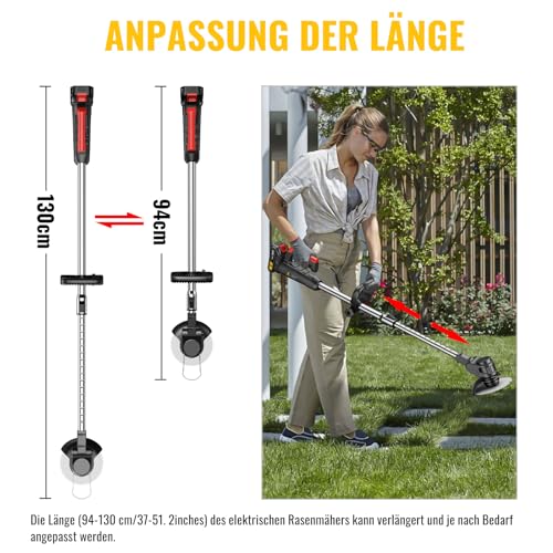 CONENTOOL 600W Akku Rasentrimmer mit 2X 2000mAh Akku, 24 V Rasenkantenschneider mit 3 Arten von Schneidklingen, 8500rpm/min Freischneider – Bild 6
