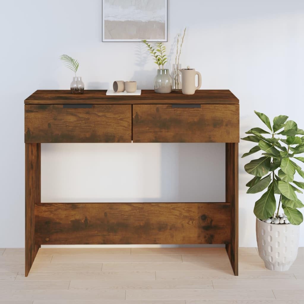 Mesa consola de roble ahumado 90 x 36 x 75 cm, material de madera con 2 cajones, espaciosa placa superior y soporte de pared para salón, entrada o pasillo, más estable