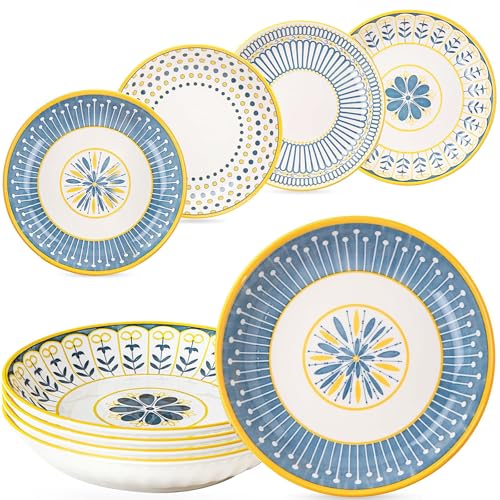 Houbobo 8 Inch Pasta Bowls 24oz Ceramic Salad Bowls Soup Bowls Wide and Shallow Bowls Set of 4 Colorful Serving Plates for Pasta Salad Oatmeal Fruit Microwave Dishwasher Safe