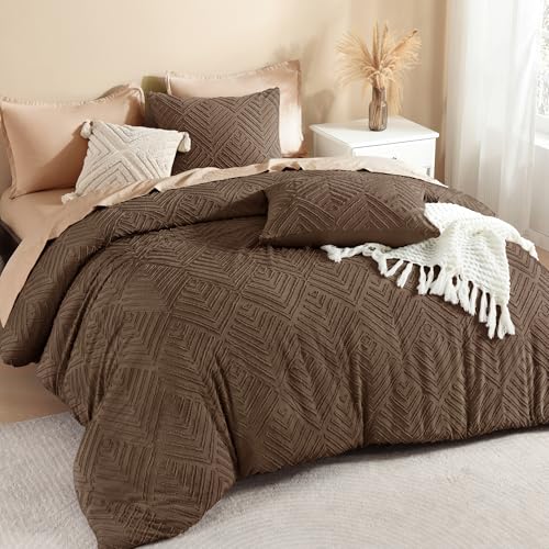 Image of Litanika Brown King Size Comforter Set, 3 Pieces Tufted Boho Farmhouse Bedding Comforter Sets, Lightweight Fluffy Comforter Bed Set for All Season (104x90In Comforter and 2 Pillowcases)