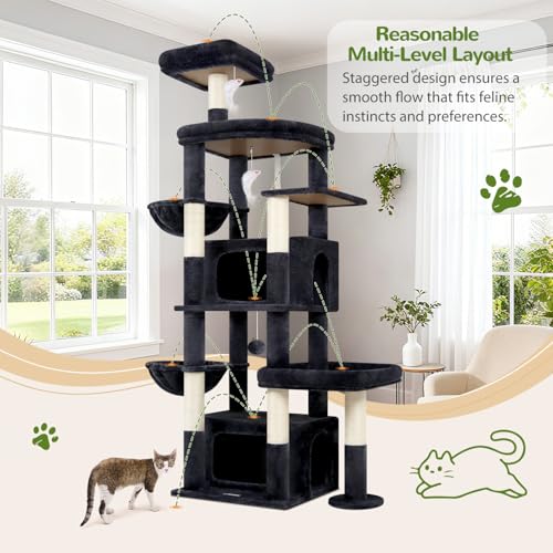 Image of Globlazer Cat Tree for Large Cats, 75in Tall Multi-Level Heavy Duty Cat Tower for Indoor Cats with Extended Platform, 2 Spacious Condos, 2 Padded Perches, 6 Sisal Scratching Posts, S75, Dark Grey