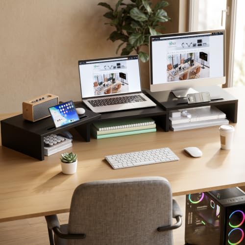 Image of WALI Extra Long Wooden Dual Monitor Stand Riser with 2 Slots, up to 22lbs | Underneath Storage, Adjustable Length & Angle, Multi-Purpose Desktop Organizer Desk Shelf for Home Office PC, Laptop, Printer