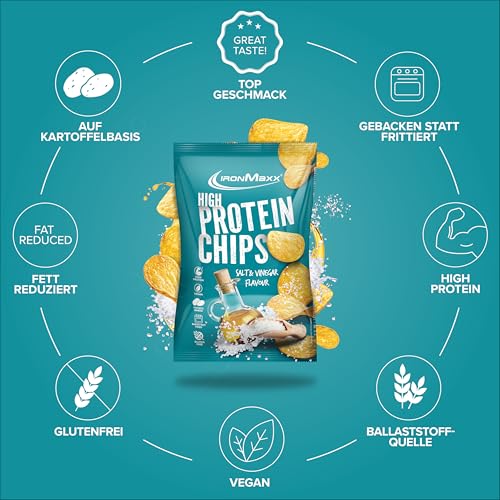 IronMaxx High Protein Chips – Salt & Vinegar 60g | Low Carb, Glutenfrei & Zuckerarm | Knuspriger Eiweiß-Snack