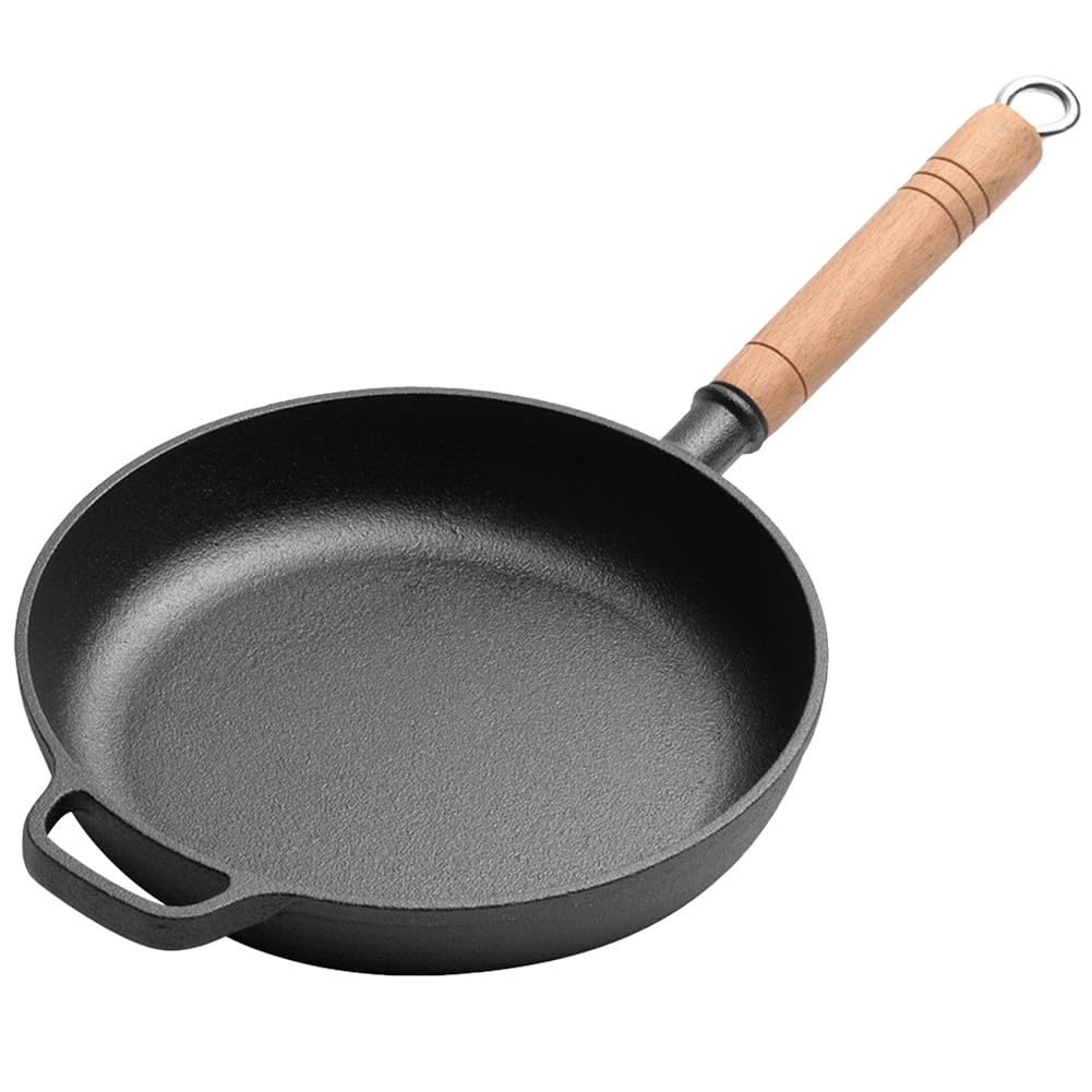 Przenośna patelnia kempingowa z żeliwa z drewnianym uchwytem, patelnia nieprzywierająca, 22/24/26/28 cm, mały mini garnek do smażenia oleju