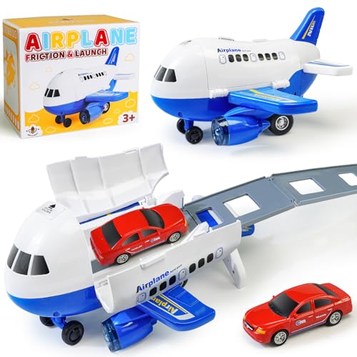 Beestech Airplane Toys with Runway and Car, Friction Powered Launcher Plane Toys for Boys Girls Kids Toddlers 3 4 5 6 Year Olds, Birthday Gifts (Blue)