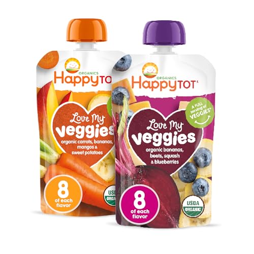 Happy Tot Organics Stage 4 Baby Food Pouches, Gluten Free, Vegan Snack, Love My Veggies, Fruit & Veggie Puree, Variety Pack, 4.22 Ounce (Pack of 16)