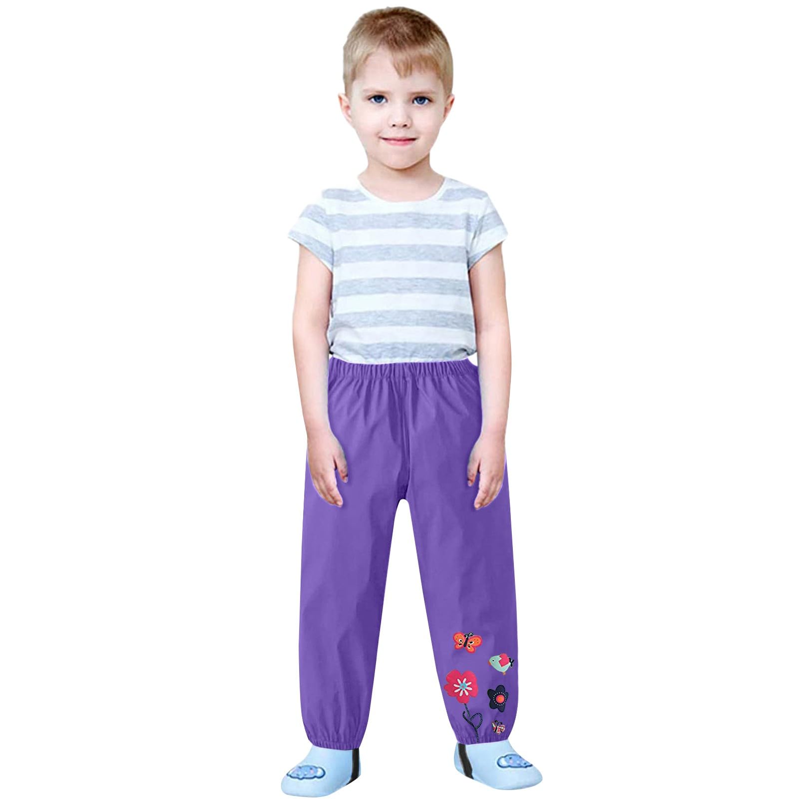 Girls Rain Pants Flower Printed Waterproof Insulated Mud Dirty Proof Elastic Waist Trousers Toddler (Purple, 3-4 Years)