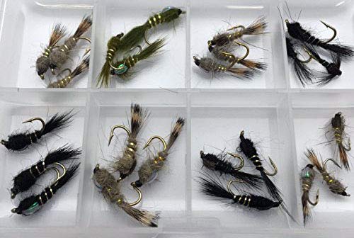 Fly Fishing Hares Ear NYMPHS + FREE FLY BOX Size 10-14 Trout Flies UK 24 Flies, Black