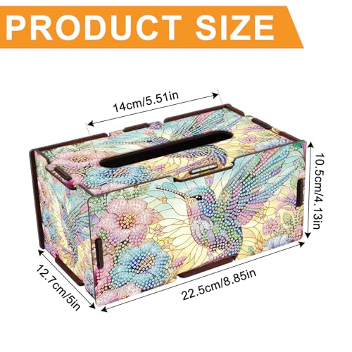 Image of DIY Hummingbird Diamond Painting Tissue Box, Colorful Floral Rhinestone Diamond Art Wooden Napkin Holder, Decorative Crystal Rhinestones Art Box for Home Organizer, 22.5x12.7x10.5cm