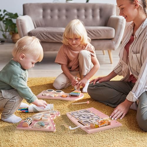 Image of ROBOTIME Crocodile Busy Board Wall Panels for Toddlers, Pink Montessori Sensory Activity Board, Montessori Sensory Wall-Mounted Learning Center Toy for Kids Room, Educational Toys for Boys & Girls