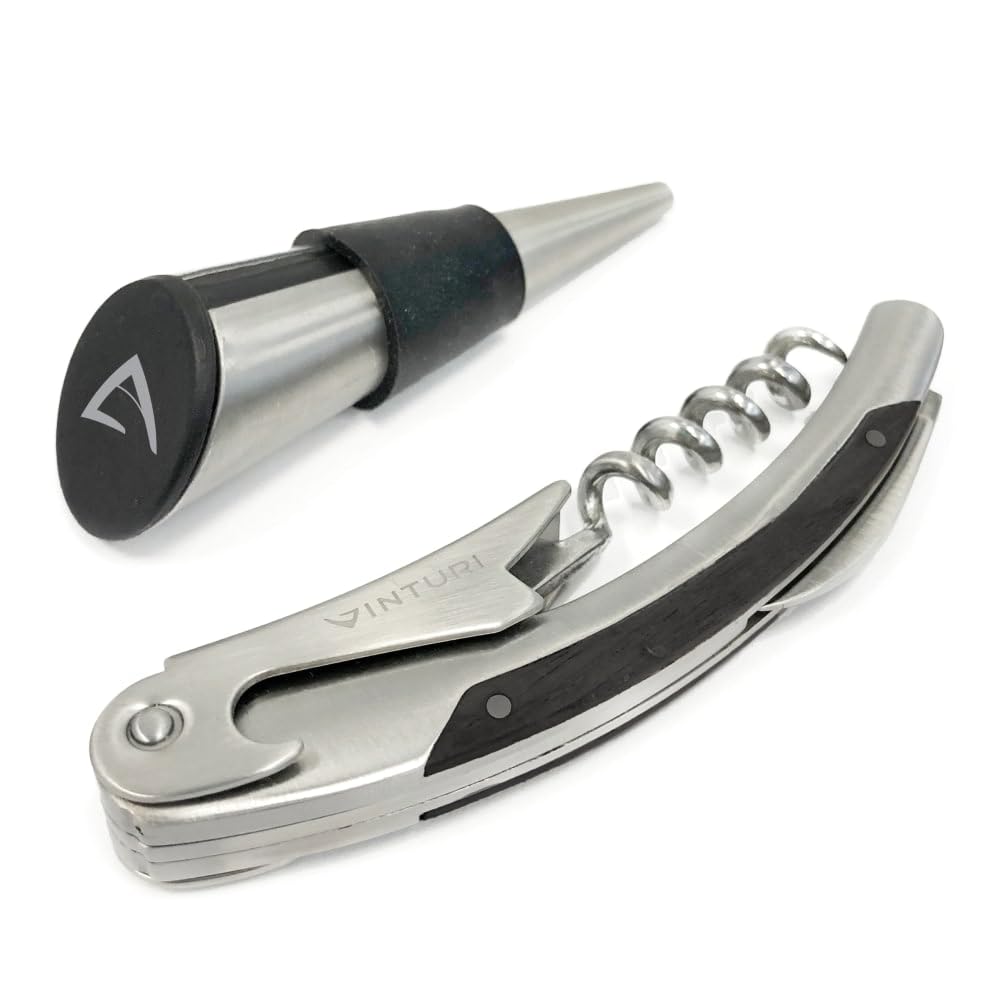 Stainless Steel Waiters Corkscrew with Foil Cutter and Bottle Stopper Bar Set by Vinturi – Stainless Steel, Silver, Model V9067