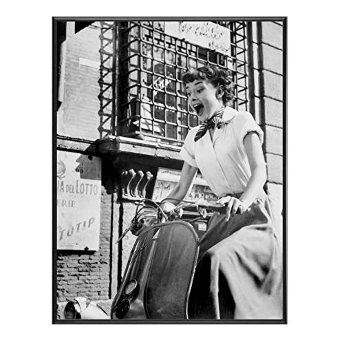 BaikalGallery Cuadro Audrey Hepburn Vacaciones EN Roma (V3543)-Moldura de Aluminio Color Negro - Montaje en Panel Adhesivo (Foam) - Laminado en Mate (Sin Cristal) (40x50cm)