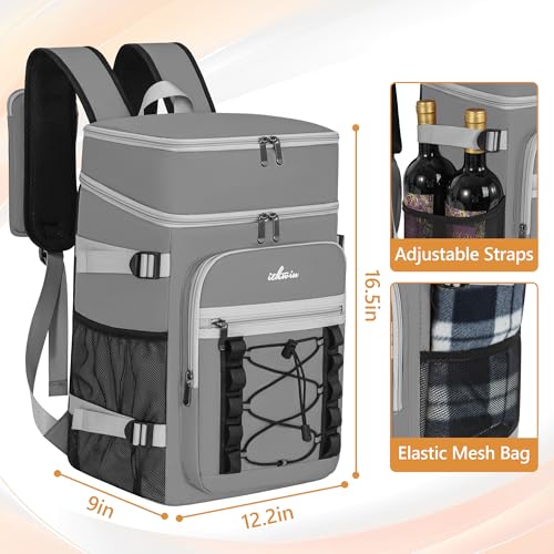 Image of Cooler Backpack, 40 Cans Insulated Lunch Backpack Picnic Backpack for Men&Women, Durable Cooler Bag with 2 Leak Proof Compartments for Picnic, BBQ Camping, Lunch, Beach, Hiking, Gray